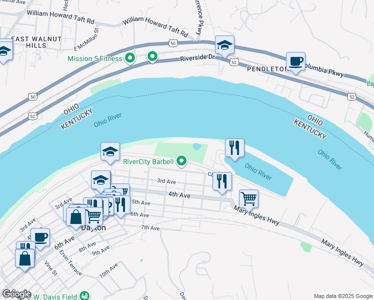 map of restaurants, bars, coffee shops, grocery stores, and more near 1065 Manhattan Boulevard in Dayton
