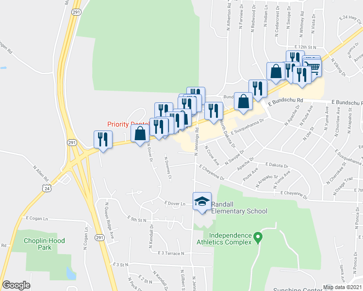 map of restaurants, bars, coffee shops, grocery stores, and more near 17009 U.S. 24 in Independence