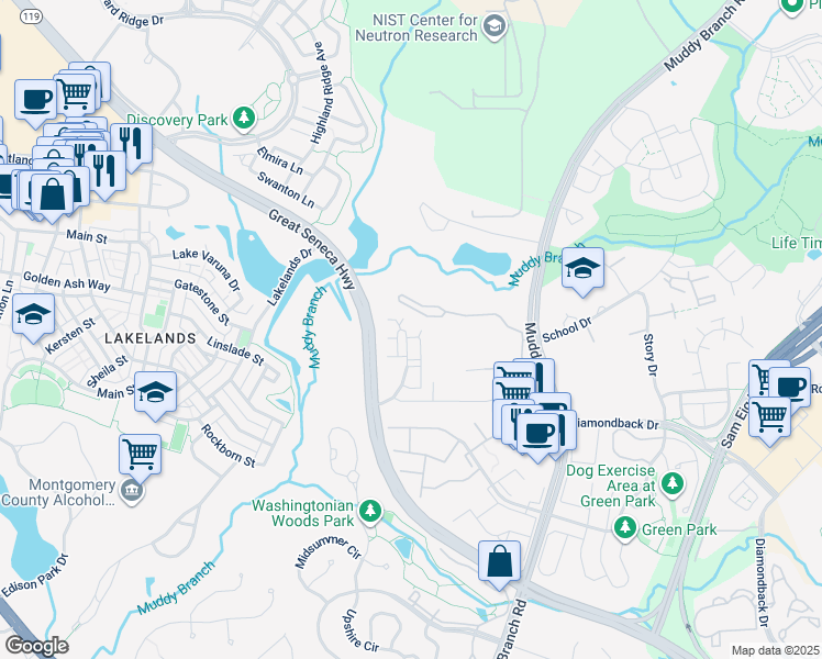map of restaurants, bars, coffee shops, grocery stores, and more near 311 High Gables Drive in Gaithersburg