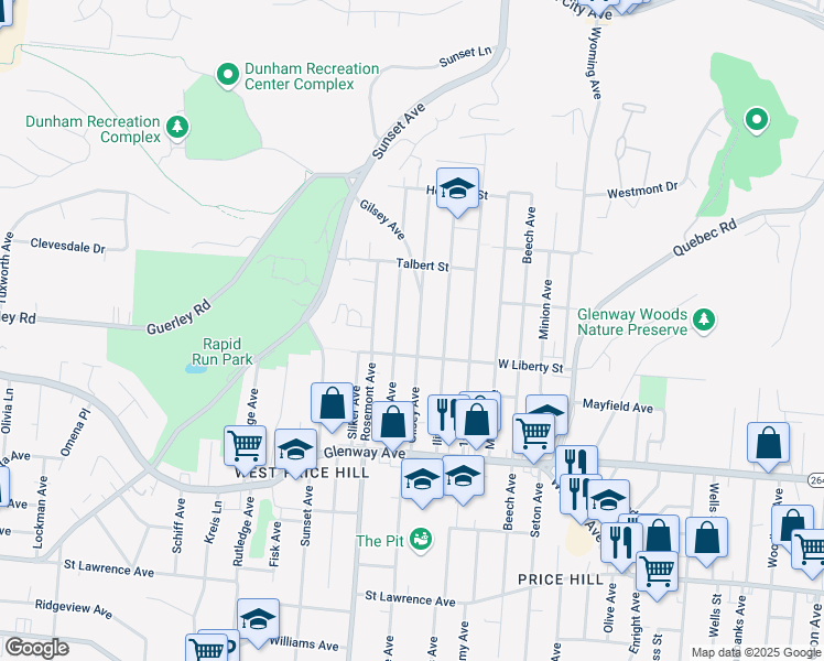 map of restaurants, bars, coffee shops, grocery stores, and more near 1621 Gilsey Avenue in Cincinnati