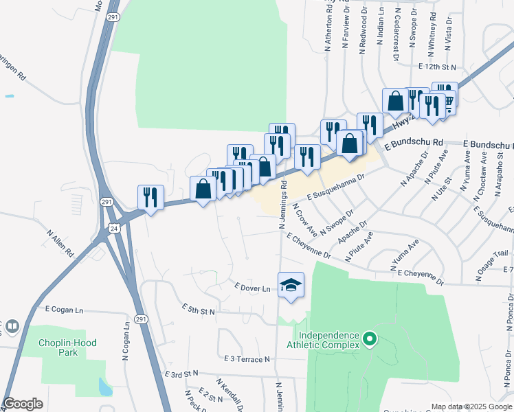 map of restaurants, bars, coffee shops, grocery stores, and more near 17007 U.S. 24 in Independence
