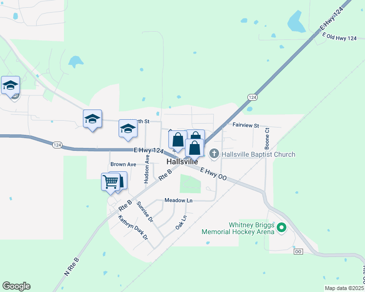 map of restaurants, bars, coffee shops, grocery stores, and more near 125 Missouri 124 in Hallsville