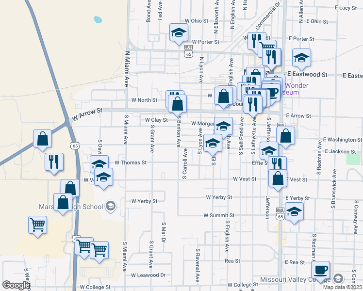 map of restaurants, bars, coffee shops, grocery stores, and more near 585 West Jackson Street in Marshall