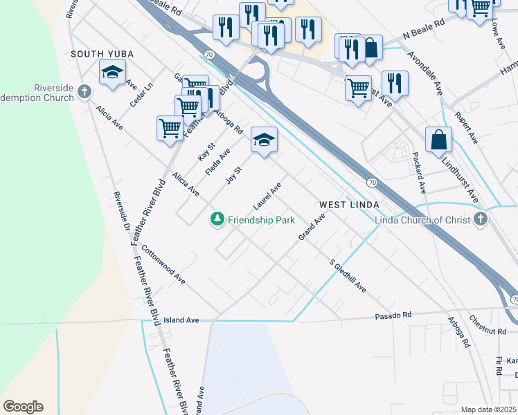 map of restaurants, bars, coffee shops, grocery stores, and more near 1075 Laurel Avenue in Olivehurst