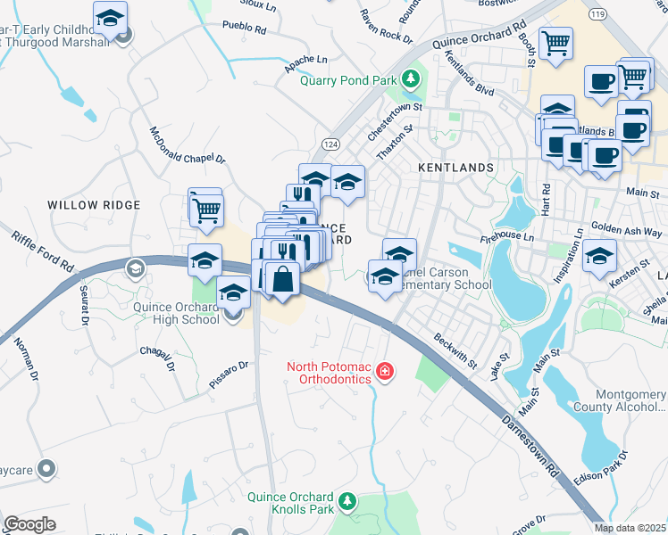 map of restaurants, bars, coffee shops, grocery stores, and more near 25 Orchard Drive in Gaithersburg