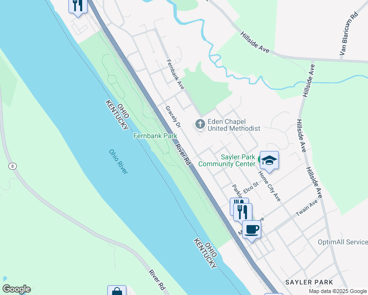 map of restaurants, bars, coffee shops, grocery stores, and more near 6920 River Road in Cincinnati