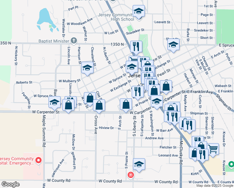 map of restaurants, bars, coffee shops, grocery stores, and more near 108 North Liberty Street in Jerseyville