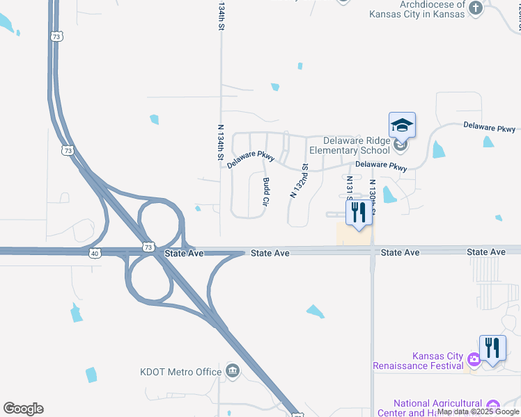 map of restaurants, bars, coffee shops, grocery stores, and more near 1228 Budd Circle in Kansas City