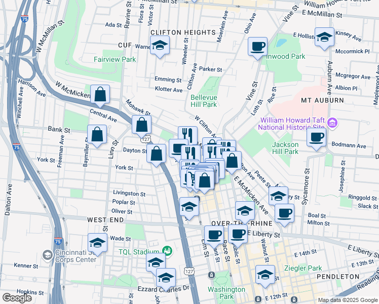 map of restaurants, bars, coffee shops, grocery stores, and more near 2022 Elm Street in Cincinnati