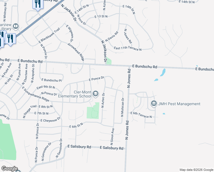 map of restaurants, bars, coffee shops, grocery stores, and more near 853 North Aztec Drive in Independence