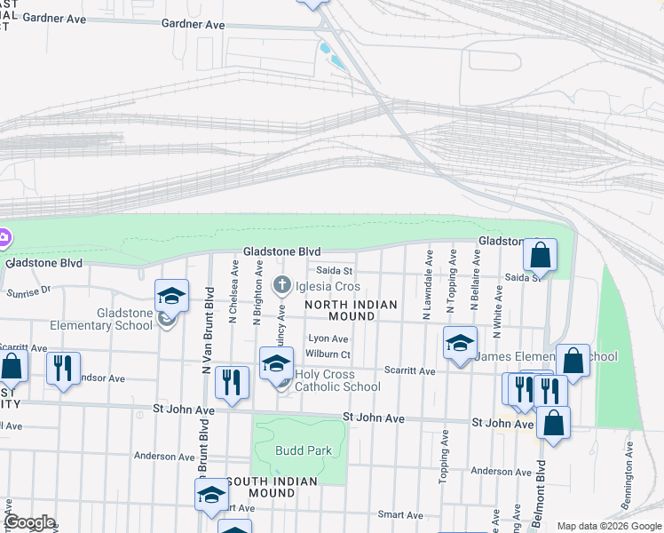map of restaurants, bars, coffee shops, grocery stores, and more near 5216 Saida Street in Kansas City
