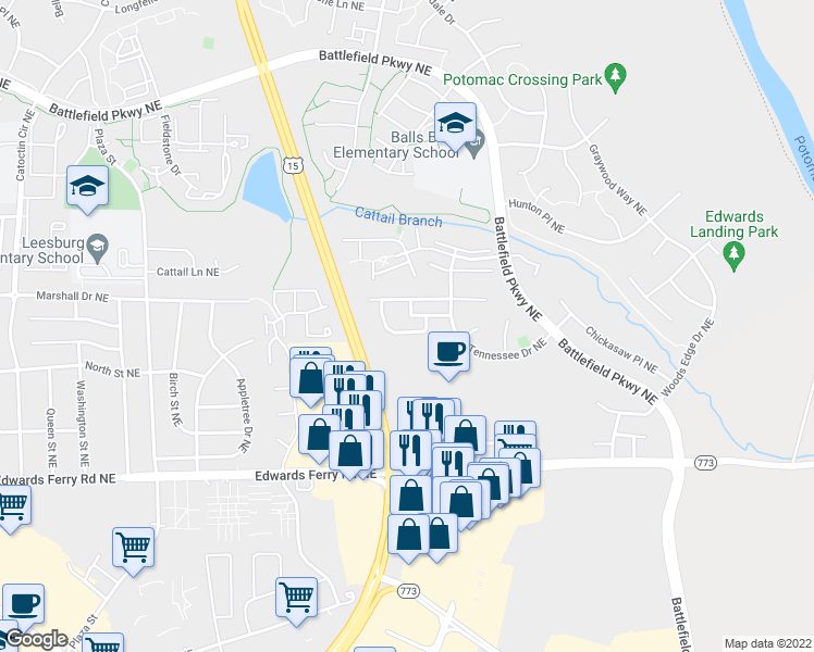 map of restaurants, bars, coffee shops, grocery stores, and more near 1203 Cambria Terrace Northeast in Leesburg