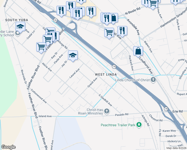 map of restaurants, bars, coffee shops, grocery stores, and more near 5669 Arboga Road in Olivehurst