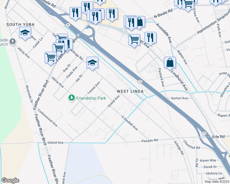 map of restaurants, bars, coffee shops, grocery stores, and more near 5669 Arboga Road in Olivehurst