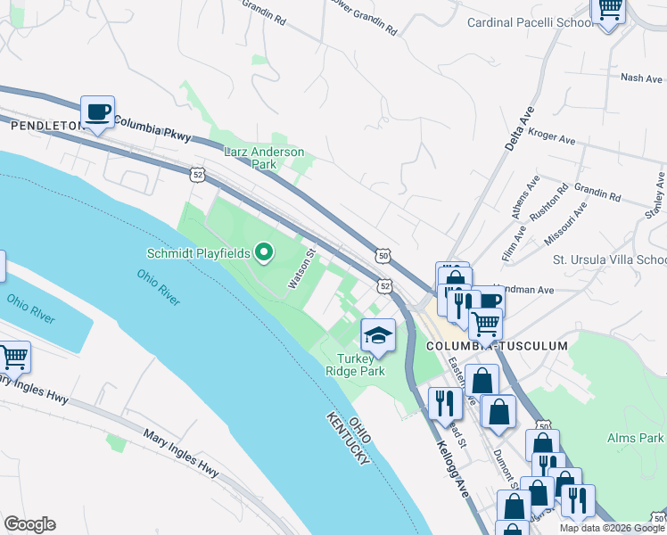 map of restaurants, bars, coffee shops, grocery stores, and more near 3231 Riverside Drive in Cincinnati
