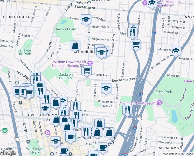 map of restaurants, bars, coffee shops, grocery stores, and more near 239 Bodmann Avenue in Cincinnati