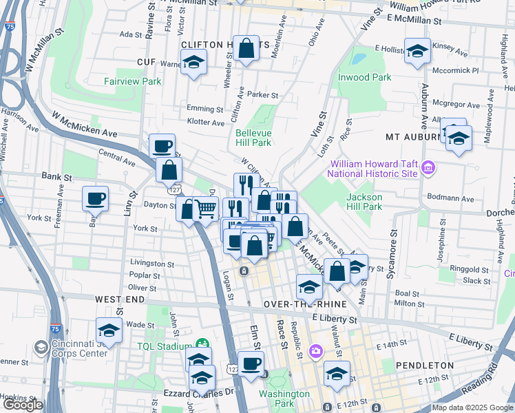 map of restaurants, bars, coffee shops, grocery stores, and more near in Cincinnati