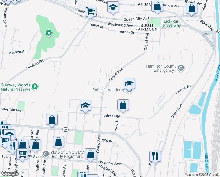 map of restaurants, bars, coffee shops, grocery stores, and more near 1741 Grand Avenue in Cincinnati