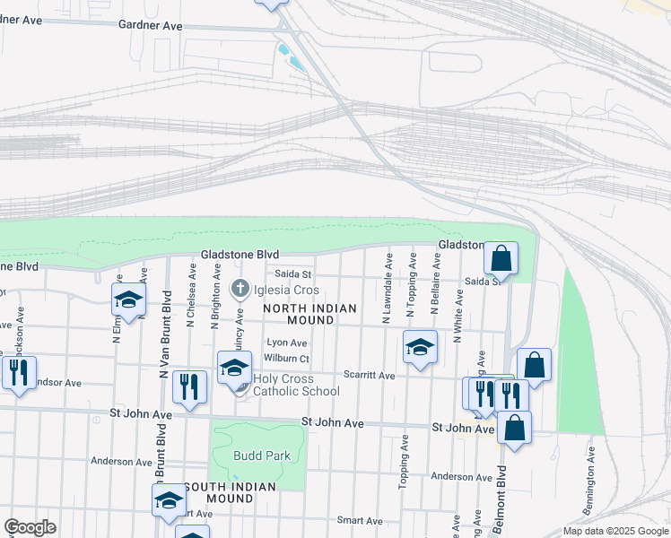 map of restaurants, bars, coffee shops, grocery stores, and more near 511 North Hardesty Avenue in Kansas City