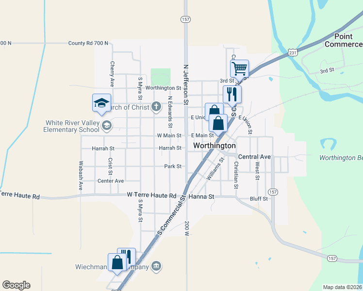 map of restaurants, bars, coffee shops, grocery stores, and more near 17 South Jefferson Street in Worthington