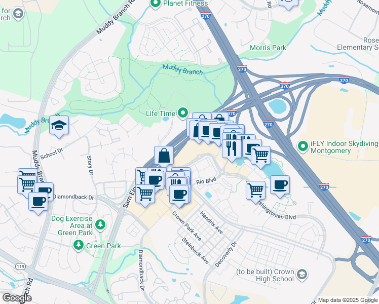 map of restaurants, bars, coffee shops, grocery stores, and more near 9871 Washingtonian Boulevard in Gaithersburg