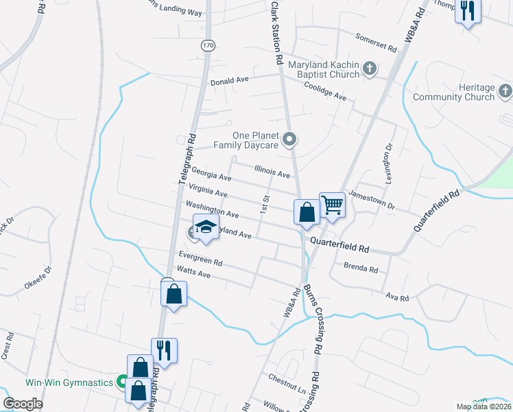 map of restaurants, bars, coffee shops, grocery stores, and more near 1429 Virginia Avenue in Severn