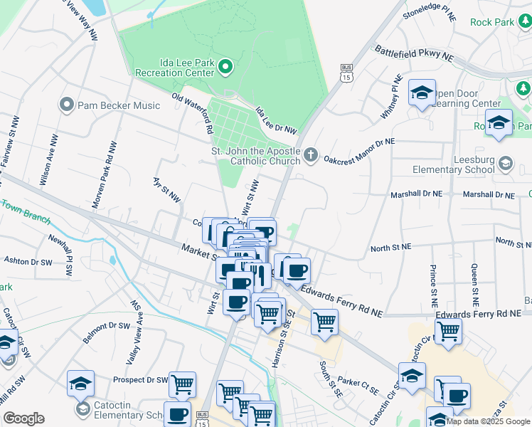 map of restaurants, bars, coffee shops, grocery stores, and more near 211 North King Street in Leesburg