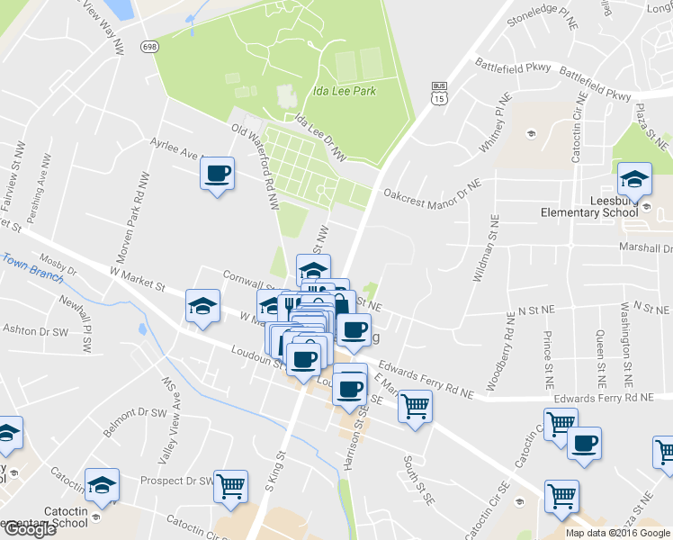 map of restaurants, bars, coffee shops, grocery stores, and more near 211 North King Street in Leesburg