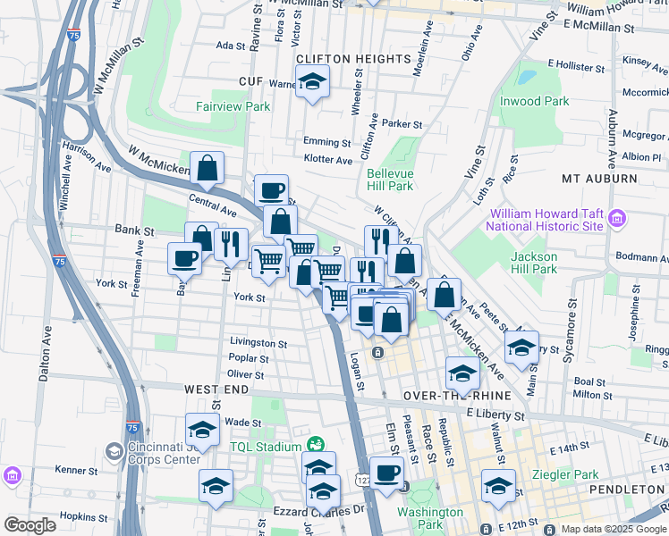 map of restaurants, bars, coffee shops, grocery stores, and more near 221 Stark Street in Cincinnati