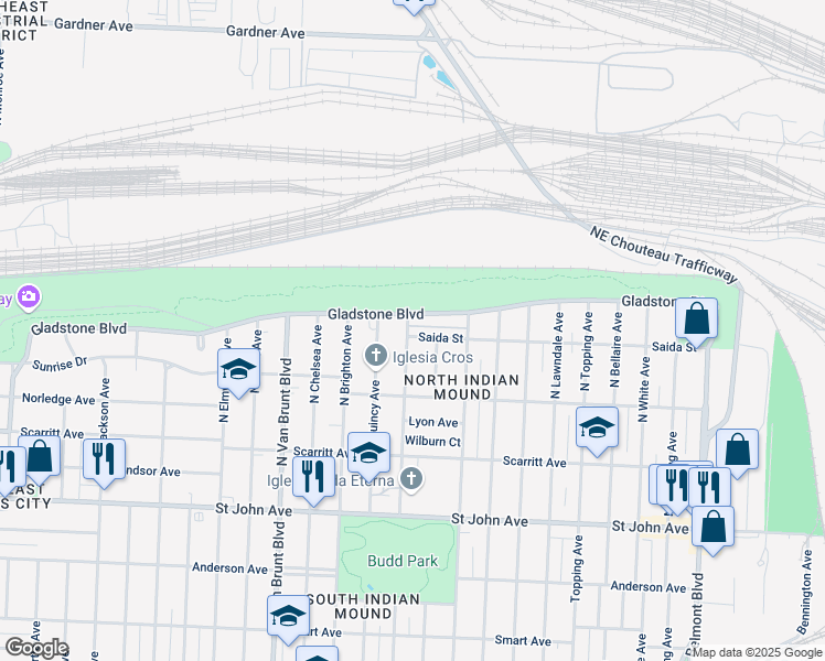 map of restaurants, bars, coffee shops, grocery stores, and more near 5115 Gladstone Boulevard in Kansas City