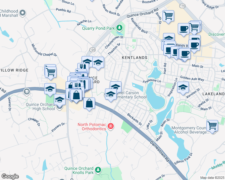 map of restaurants, bars, coffee shops, grocery stores, and more near 403 Kent Oaks Way in Gaithersburg