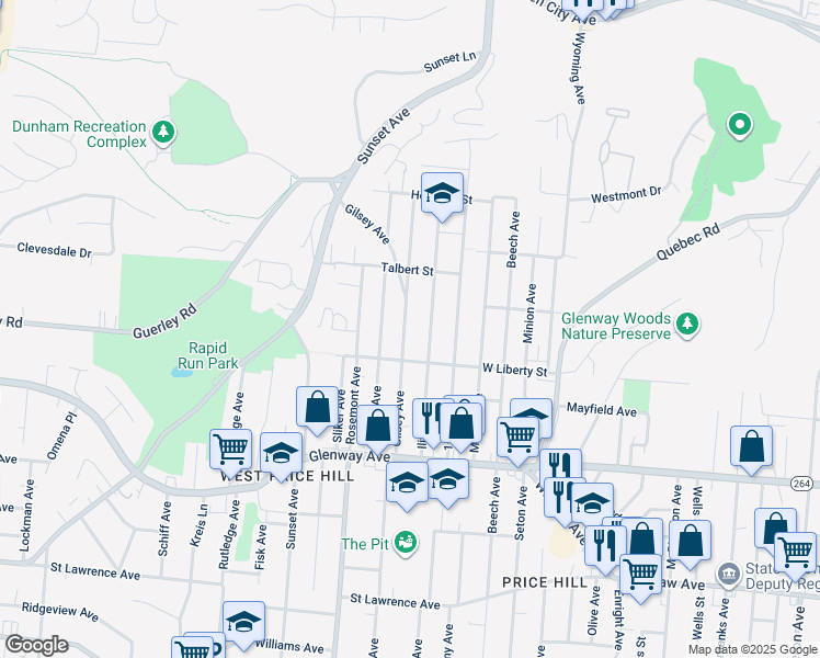 map of restaurants, bars, coffee shops, grocery stores, and more near 1626 Gilsey Avenue in Cincinnati