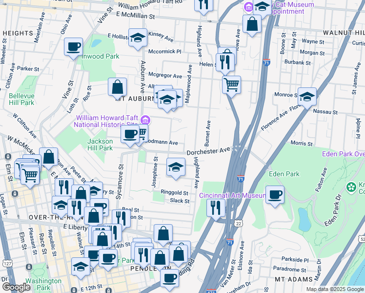 map of restaurants, bars, coffee shops, grocery stores, and more near 282 Bodmann Avenue in Cincinnati