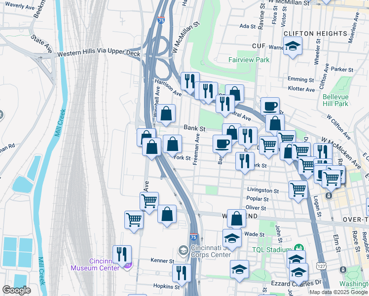 map of restaurants, bars, coffee shops, grocery stores, and more near 1029 Dayton Street in Cincinnati
