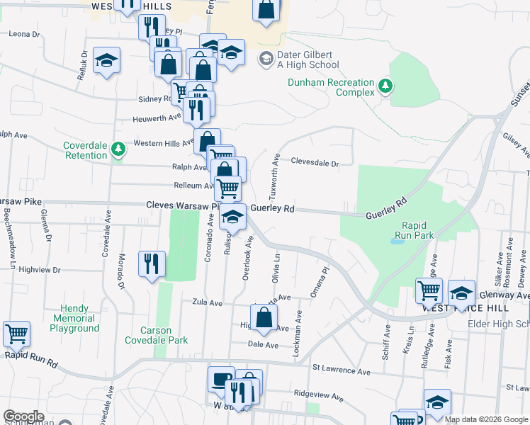 map of restaurants, bars, coffee shops, grocery stores, and more near in Cincinnati