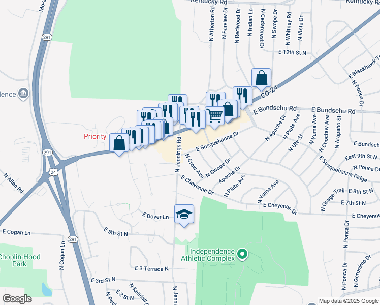 map of restaurants, bars, coffee shops, grocery stores, and more near 17300 East Susquehanna Drive in Independence