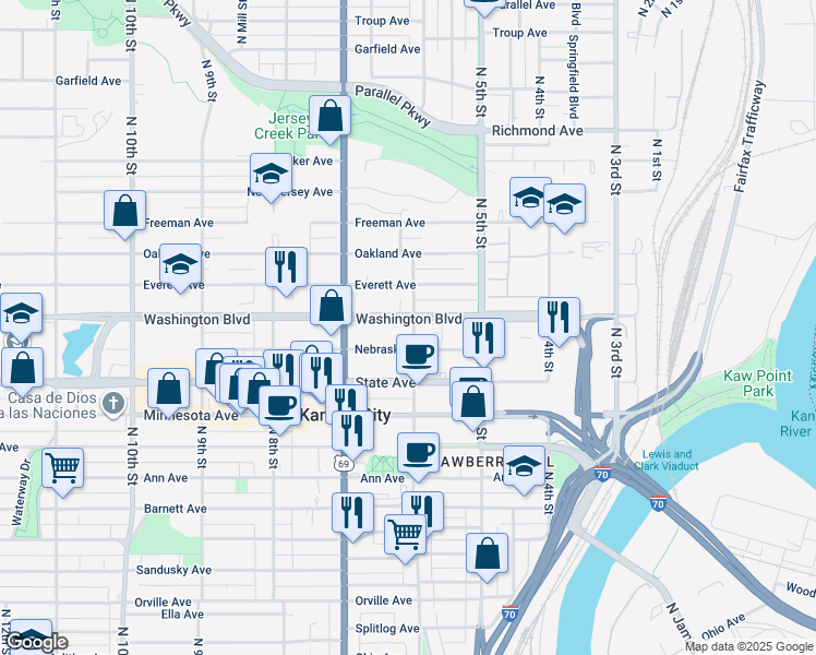 map of restaurants, bars, coffee shops, grocery stores, and more near 607 Washington Boulevard in Kansas City
