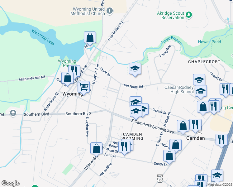 map of restaurants, bars, coffee shops, grocery stores, and more near 104 North Caesar Rodney Avenue in Wyoming