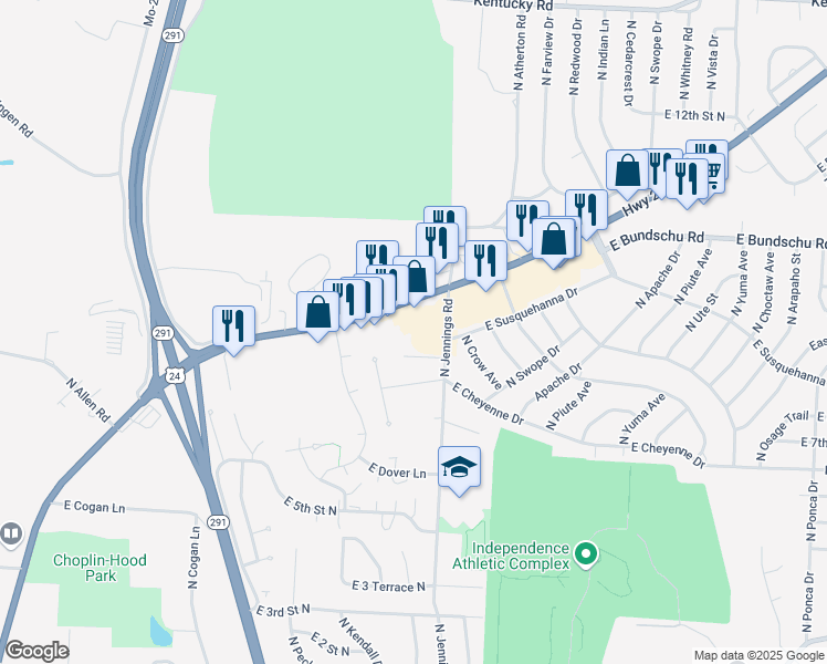 map of restaurants, bars, coffee shops, grocery stores, and more near 17011 U.S. 24 in Independence