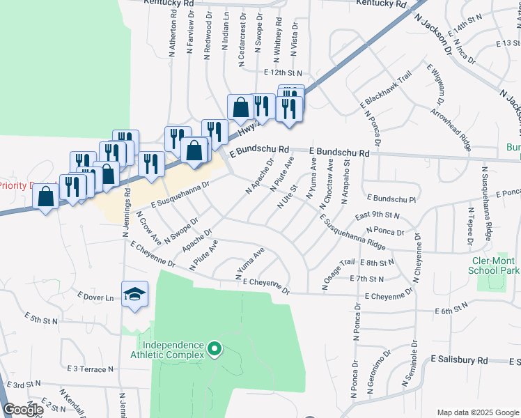 map of restaurants, bars, coffee shops, grocery stores, and more near 808 North Piute Avenue in Independence