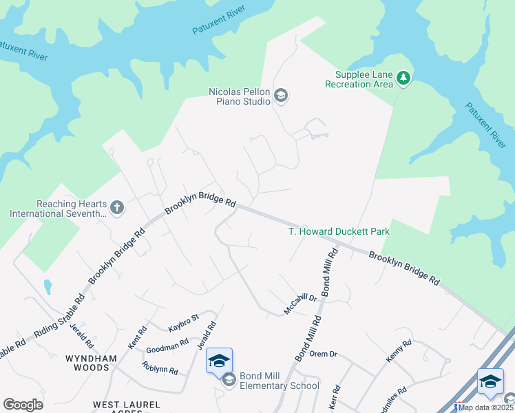 map of restaurants, bars, coffee shops, grocery stores, and more near 6512 Brooklyn Bridge Road in Laurel