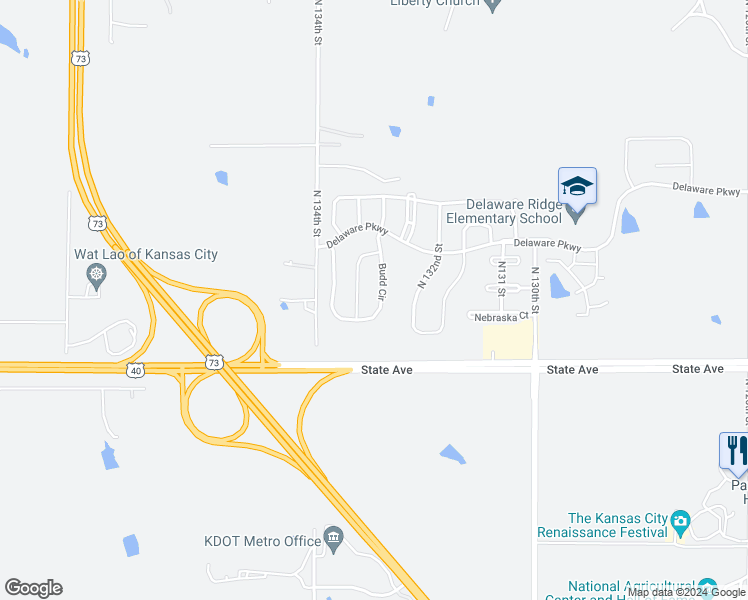 map of restaurants, bars, coffee shops, grocery stores, and more near 1224 Budd Circle in Kansas City