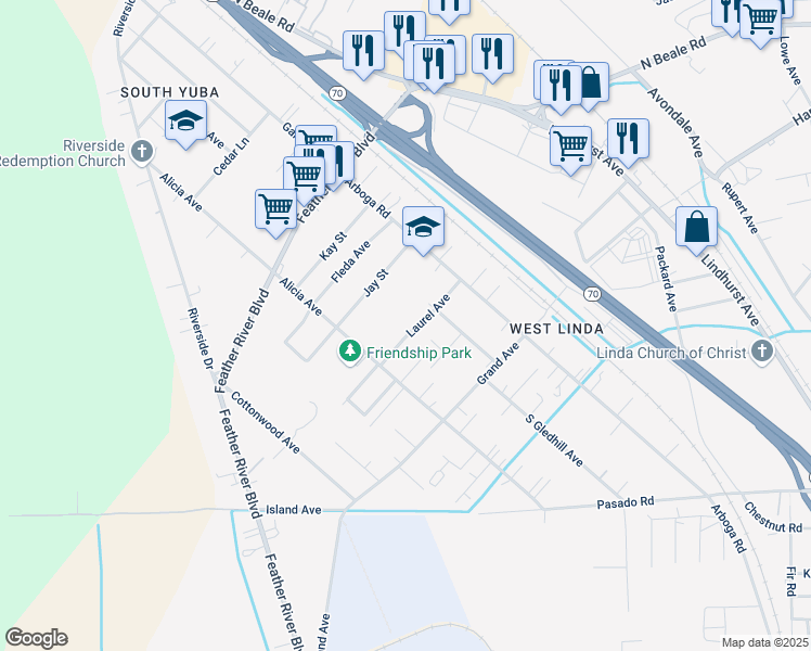 map of restaurants, bars, coffee shops, grocery stores, and more near 1075 Laurel Avenue in Olivehurst