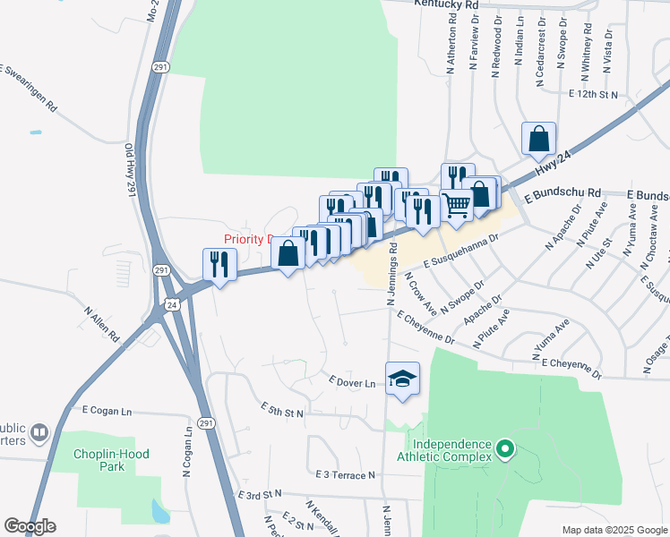 map of restaurants, bars, coffee shops, grocery stores, and more near 16909 East US Highway 24 in Independence