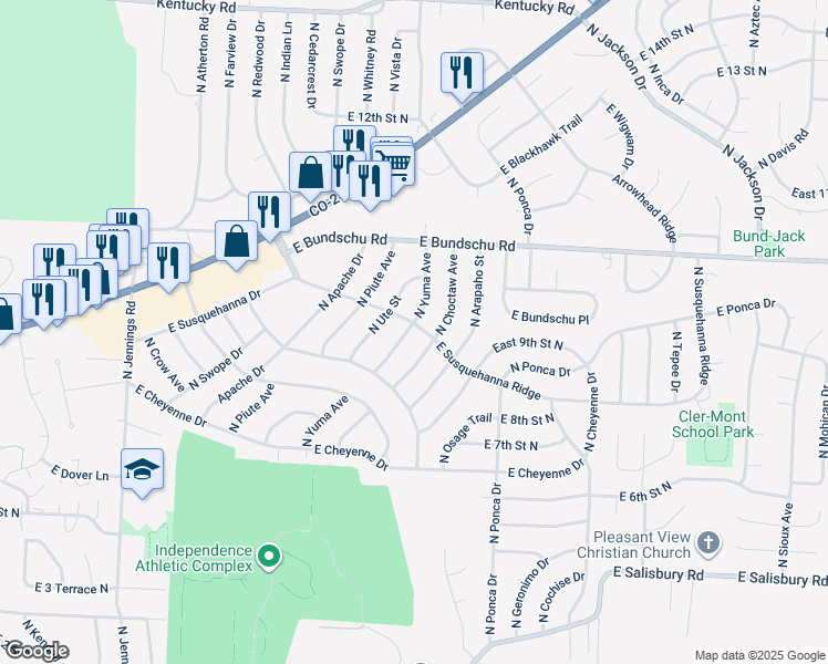 map of restaurants, bars, coffee shops, grocery stores, and more near 815 North Yuma Avenue in Independence
