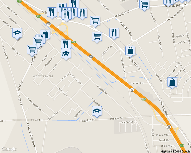 map of restaurants, bars, coffee shops, grocery stores, and more near in Linda