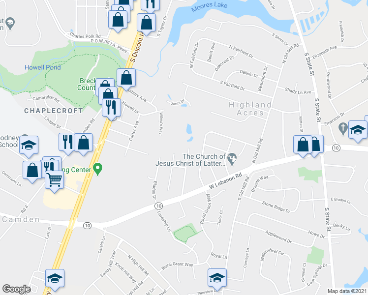 map of restaurants, bars, coffee shops, grocery stores, and more near 22 North Springview Drive in Dover