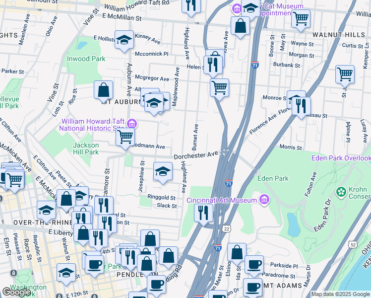 map of restaurants, bars, coffee shops, grocery stores, and more near 2019 Highland Avenue in Cincinnati