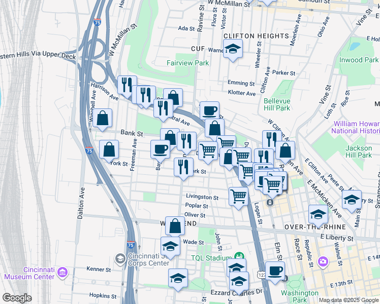 map of restaurants, bars, coffee shops, grocery stores, and more near 462 Whiteman Street in Cincinnati