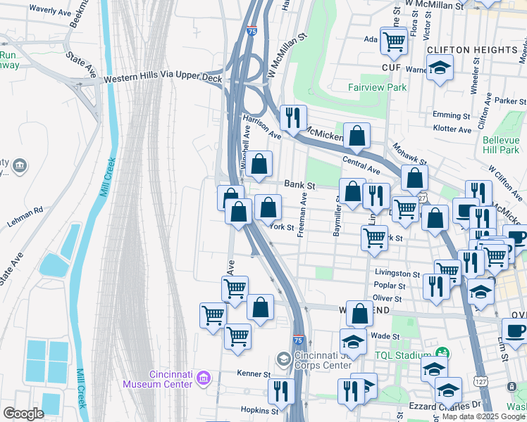 map of restaurants, bars, coffee shops, grocery stores, and more near 1123 Dayton Street in Cincinnati